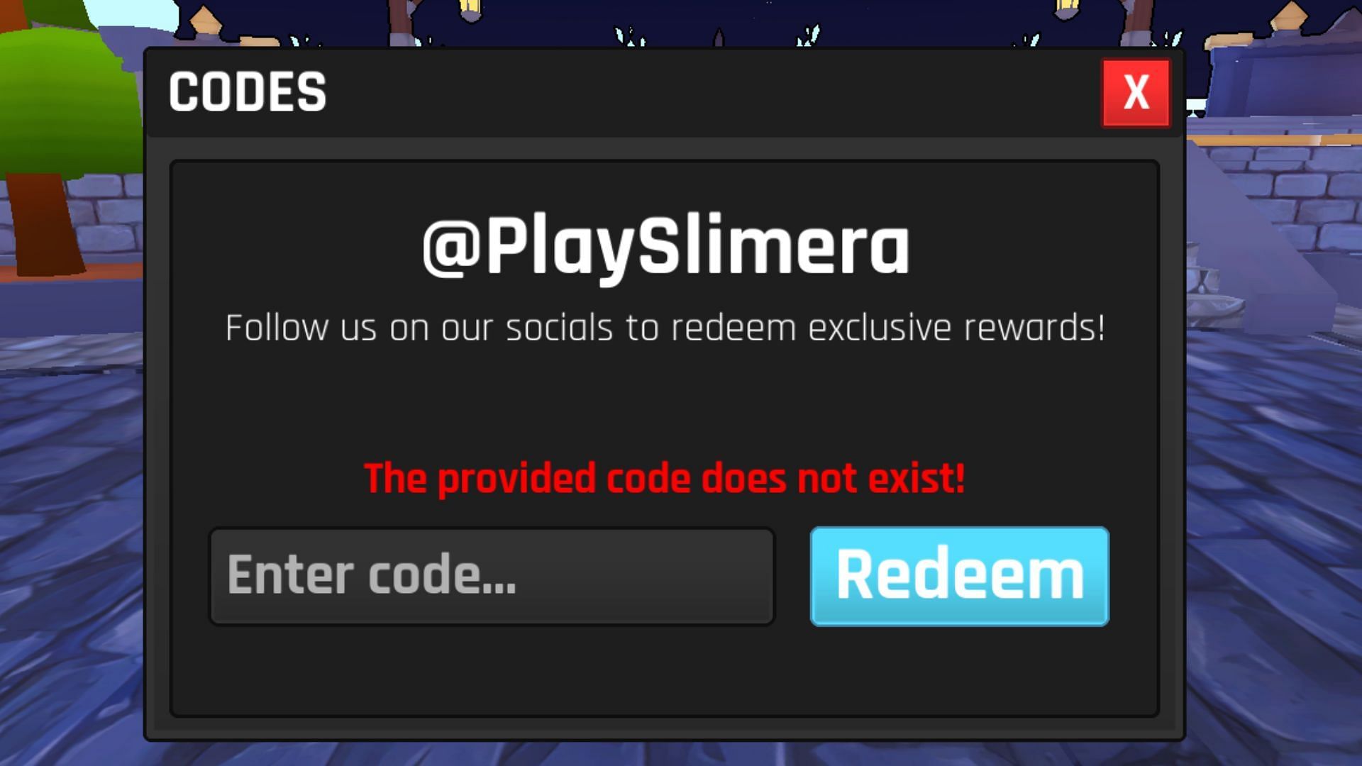 The code redemption error message in Slimera (Image via Roblox)